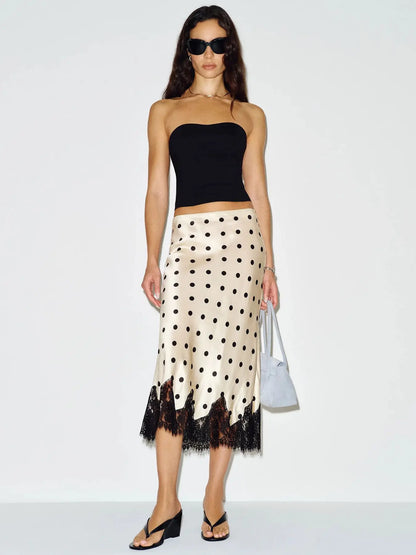 Women's Polka Dot Print Satin Skirt Sexy Lace Patchwork High Waist Skirts Chic Commute Street Party Lady Clothes for 2026 Summer