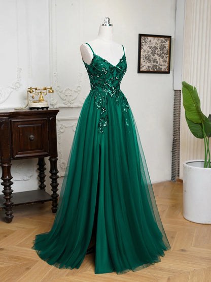 Sexy Maxi Train Evening Dresses Spaghetti Straps V-Neck Sequin Appliques Backless Prom Dress Tulle A-Line High Split Sling Gowns