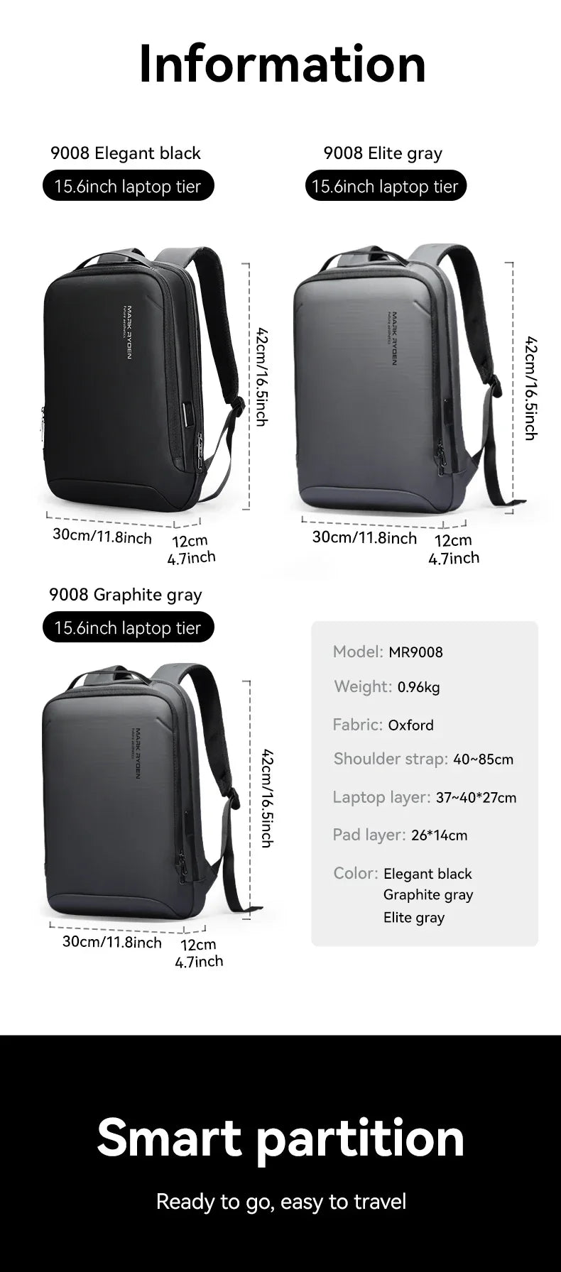 Slim Laptop Backpack for Men Business Minimalist Backpack YKK Zipper Scratch Resistant With USB