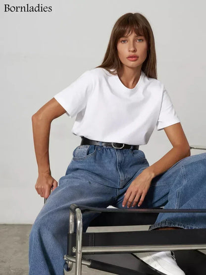 Summer 100% Cotton Women's T-shirt Bottoming Basic Fashionable Solid Lady Short Sleeve Loose Tops Shirts 230g/㎡ Tops