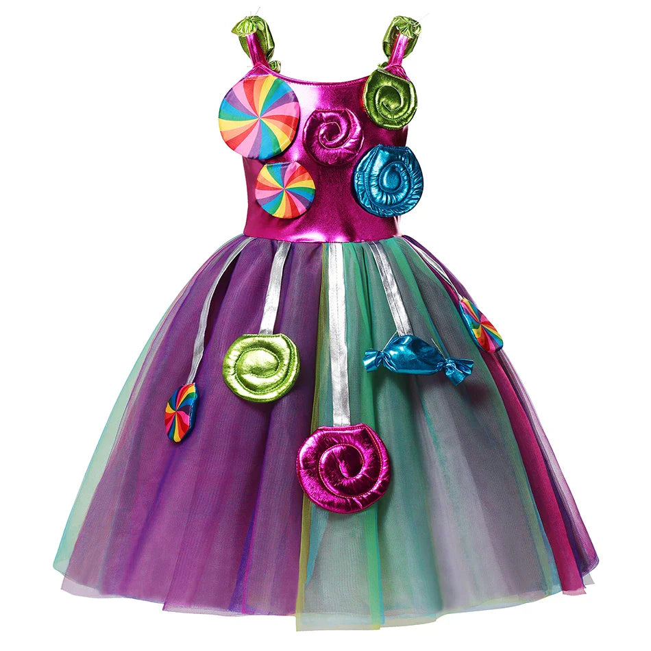 Rainbow Lollipop Girls Dress Sweet Purim Festival Celebrate Costume Fancy Carnival Children Vestidos Princess Cosplay Outfits