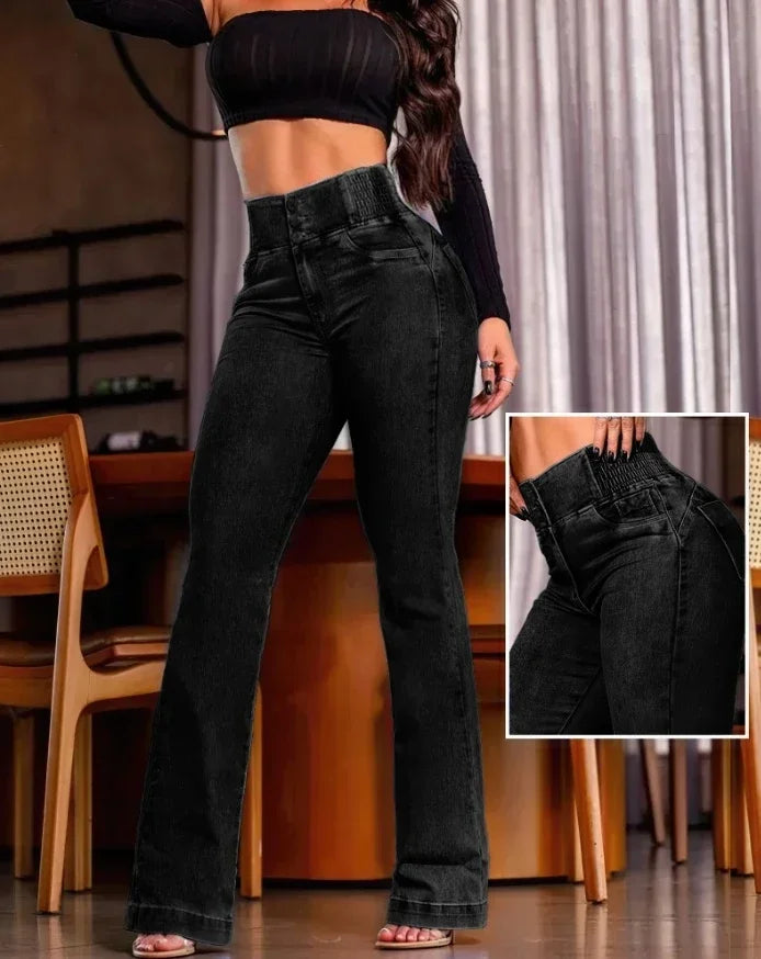 autumn winter  Elegant High Waist Button Front Casual Female Jeans Sexy  Fashion Back Shirred Trouser Bottom