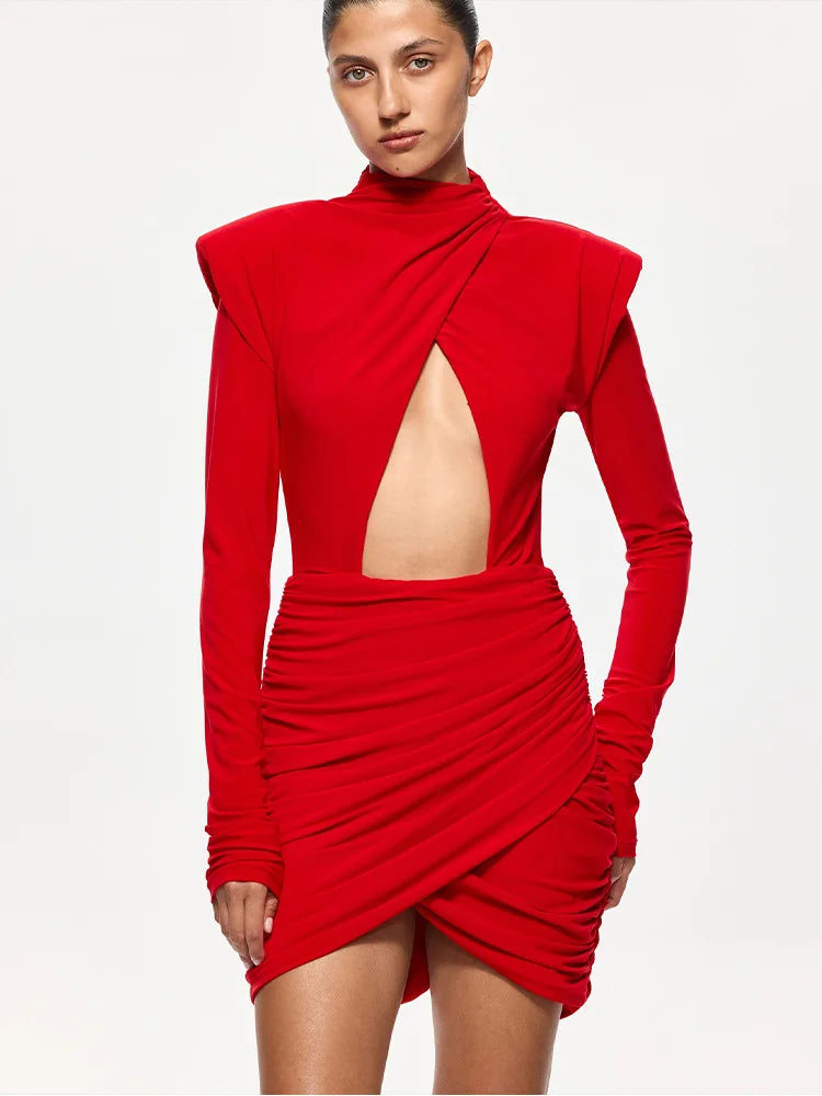 Hollow Out Long Sleeve Solid O Neck Hip Wrap Sheath Zipper Women Dresses Party Outfits Female Bodycon Vestidos Robes