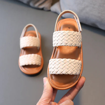 Kids Sandals for Girls 2026 Summer Girls Weave Design Sandals Children Beach Shoes Open Toes Flat Anti-skid Rubber Ankle Strap