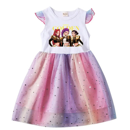 Baby Girls Dress Children Cartoon Mesh Star Sequins Princess Dress Kids Flying Sleeve Skirt For Birthday Gift