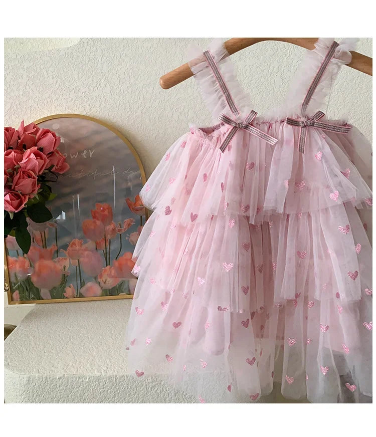 New Summer Baby Girls Party Dress Sleeveless Spaghetti Strap Love Heart Layered Princess Dresses for 3-7Year Old Kids E2310