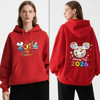 Cute 2026 Family Travel Print Hooded Fleece-Lined Warm Winter Pullover Sweatshirt Casual Jacket Autumn Sweatshirt