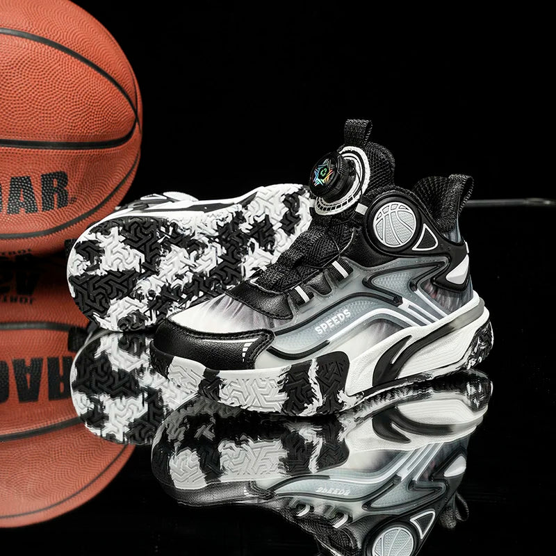 Children's basketball shoes boys' waterproof leather surface rotating buckle anti-slip and shock-absorbing student sports shoes