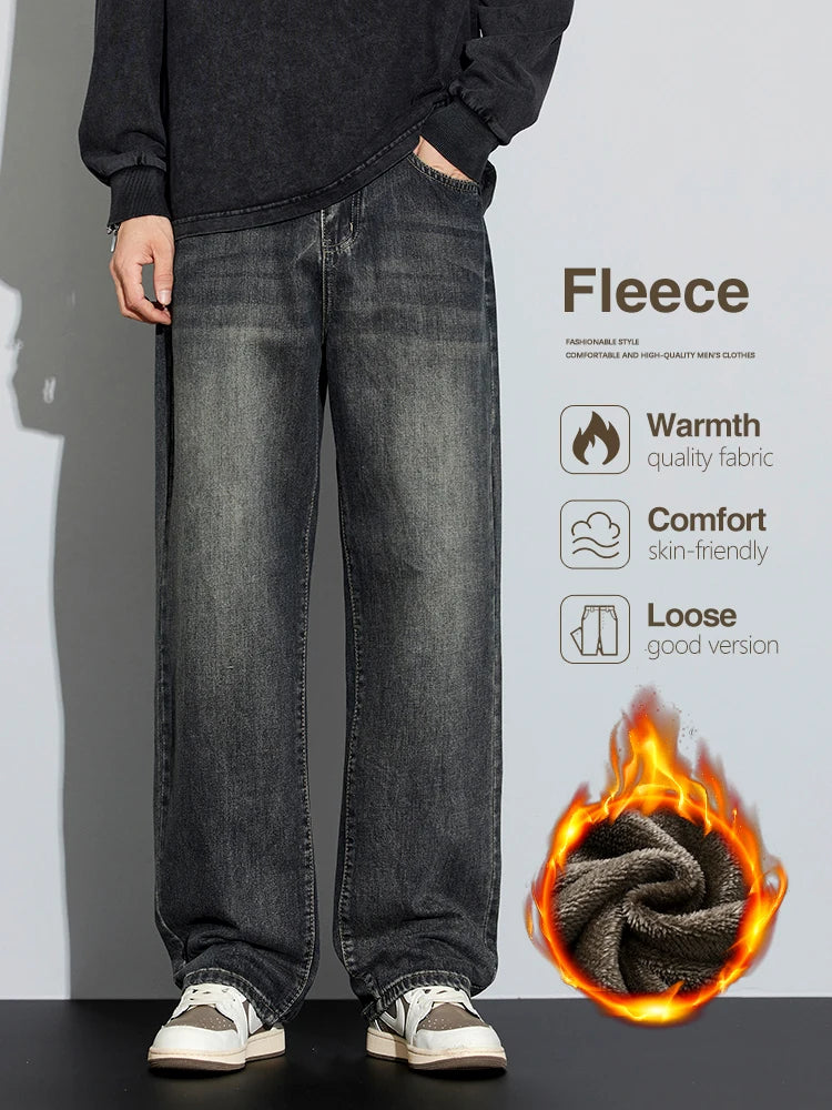 Korean Wide Legs Fleece Jeans Men's Winter Warm Thickened Velvet Loose Straight Casual Denim Pants Korean Fashion Trousers