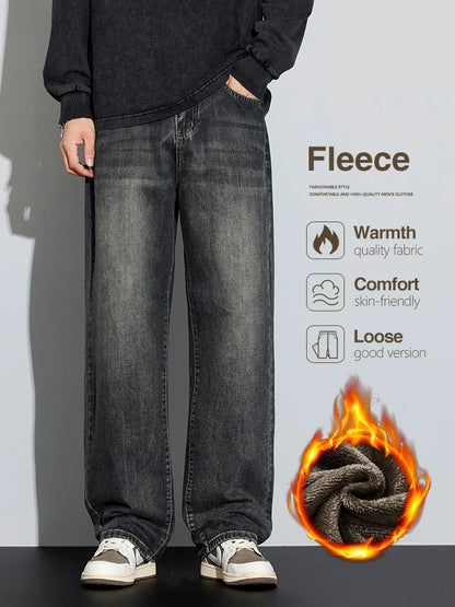 Korean Wide Legs Fleece Jeans Men's Winter Warm Thickened Velvet Loose Straight Casual Denim Pants Korean Fashion Trousers