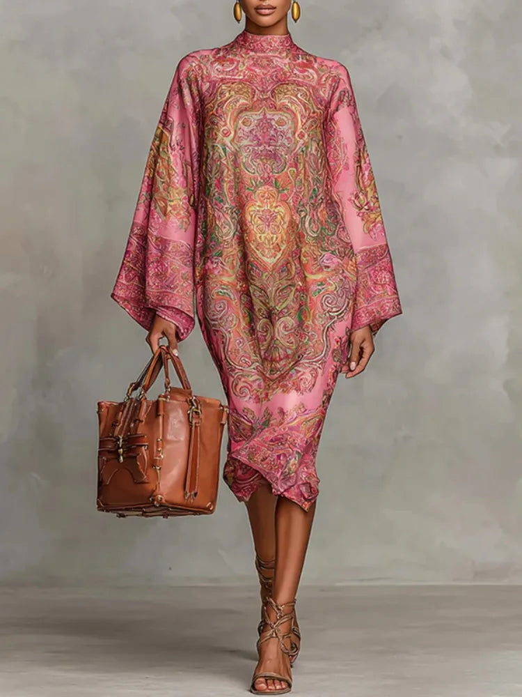 Women's Vintage Elegant Printed High Neck Kaftan Dress Long Sleeves Loose Elegant Evening Midi Dresses Robe 2026 New