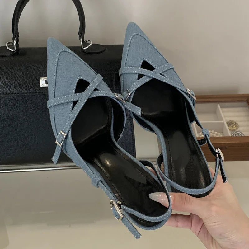 Sexy Street Style Buckle Strap Women Pumps Elegant Pointed Toe Thin Low Heels Slingback Banquet Party Shoes