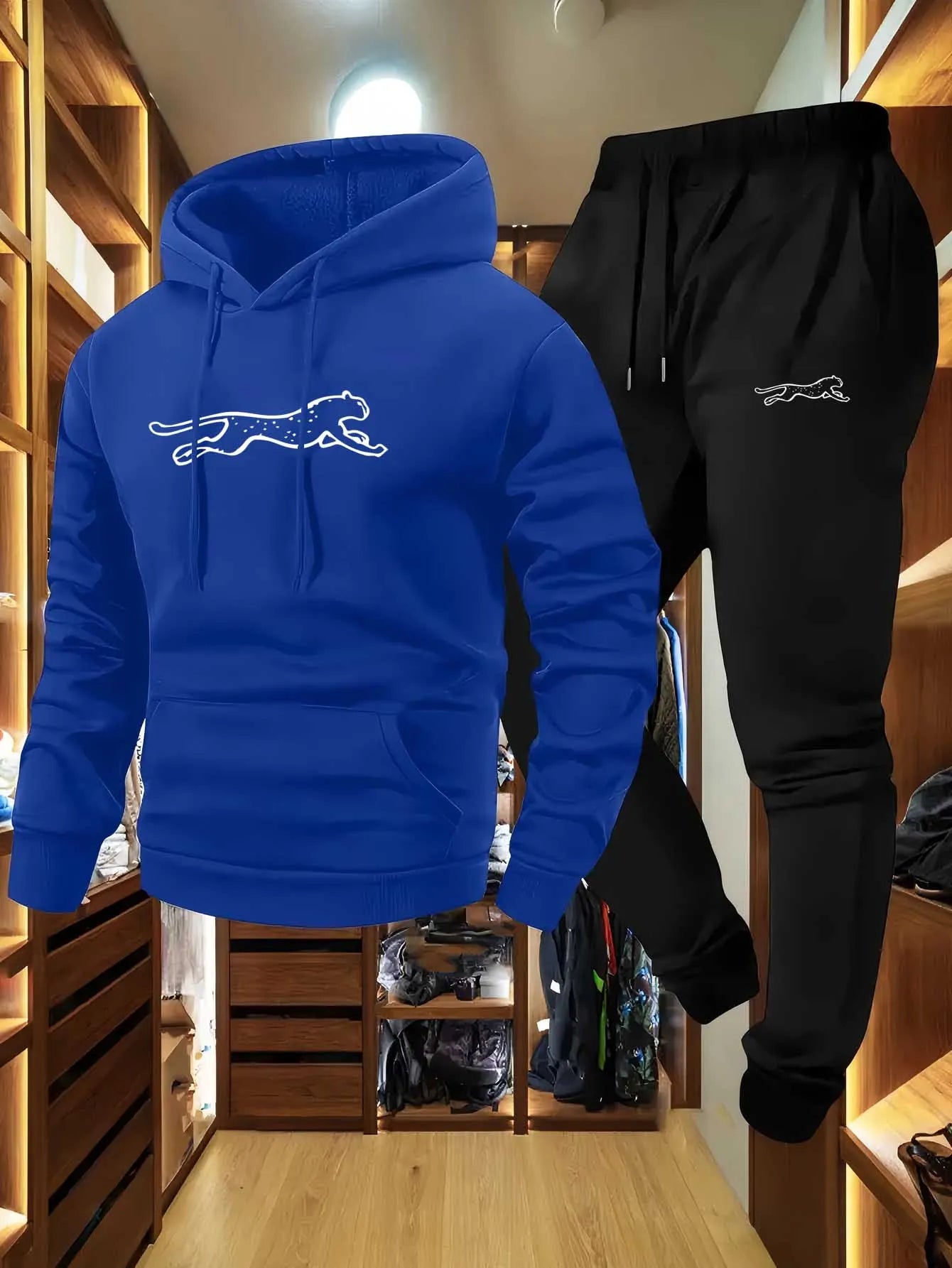 Men's hooded sweatshirt and sweatpants set casual long-sleeved Leopard print hooded style pocket comfortable Streetwear style