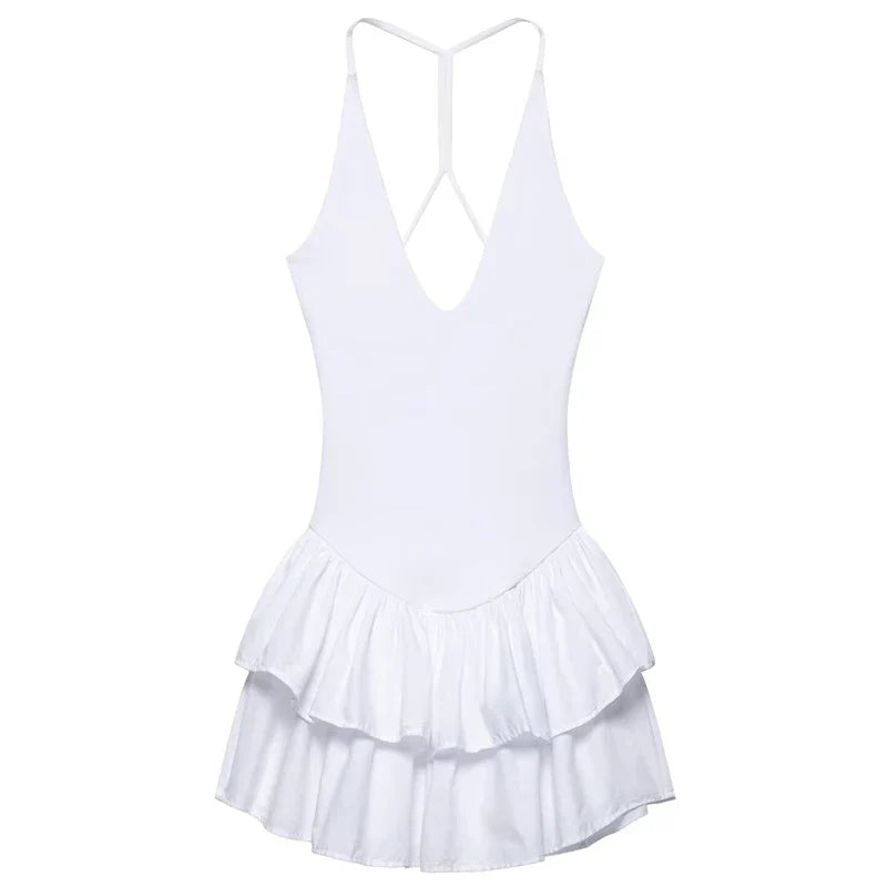 Womens Dresses Ruffled Halter Dress Summer Black Pink White Dress Mini Layered Backless Short Dresses Elegant Vestidos 066