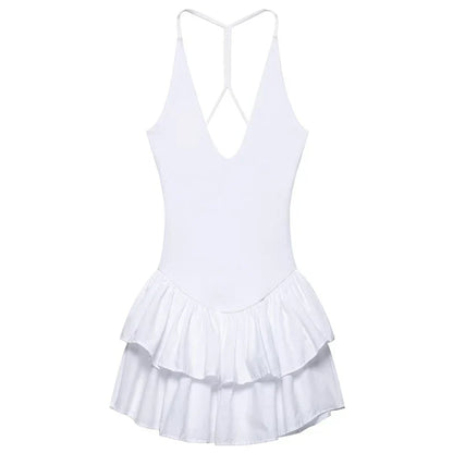 Womens Dresses Ruffled Halter Dress Summer Black Pink White Dress Mini Layered Backless Short Dresses Elegant Vestidos 066