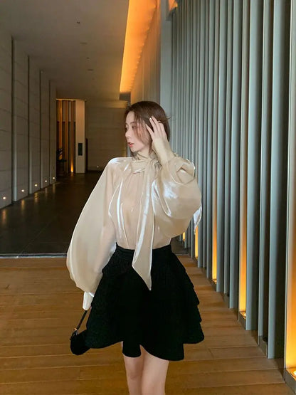 Spring Autumn Women Fashion Tops New Shirts Lantern Sleeve Stand Collar Solid Casual Vintage Elegant Temperament Long-Sleeved