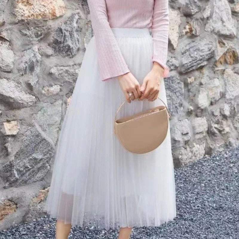 Elegant Women Tulle Skirt  Korean Fashion Mesh White A Line Ladies Pleated Skirt Summer Chic High Waist Black Party Faldas