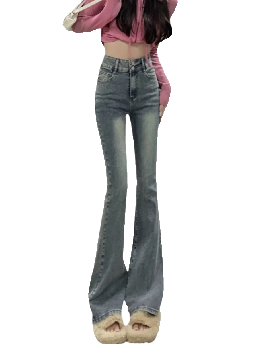 Autumn Winter American Sle High Waist Slim Fit Drapey Micro Flared Jeans Women's Premium Denim Pants