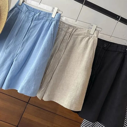 Japanese Simple Solid Color Pure Cotton Linen Casual Versatile Straight Elastic Waist Shorts Women's Middle Pants