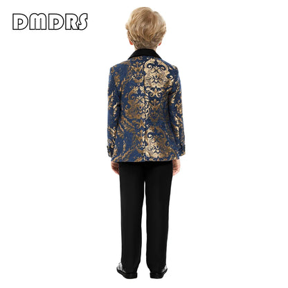 Paisley Slim-Fit Suit Set for Boys with Black or Navy Collar for Weddings