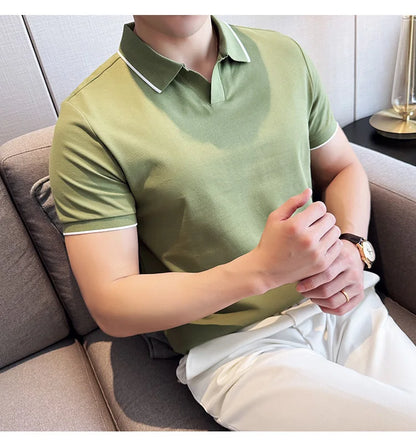 Business Casual Solid Color Men's Polo Shirt, 2024 Summer Classic, Men Short Sleeve V-neck T-shirt, Slim Fit Spliced Polo 4XL-M