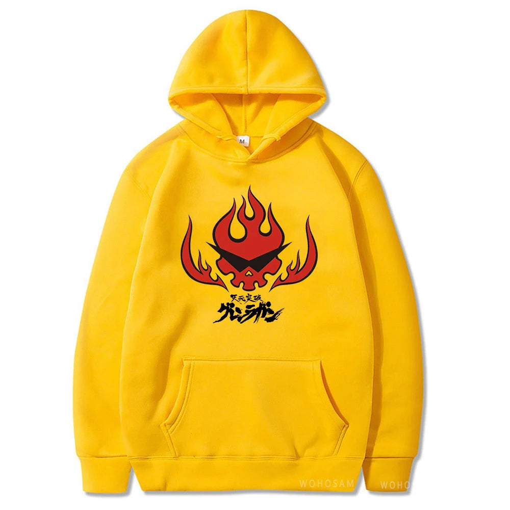 Anime Tengen Toppa Gurren Lagann Letter Hoodies Harajuku Flaming Skull Red Graphic Autumn Winter Warm Patchwork Sweatshirts