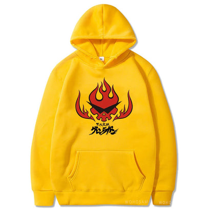Anime Tengen Toppa Gurren Lagann Letter Hoodies Harajuku Flaming Skull Red Graphic Autumn Winter Warm Patchwork Sweatshirts