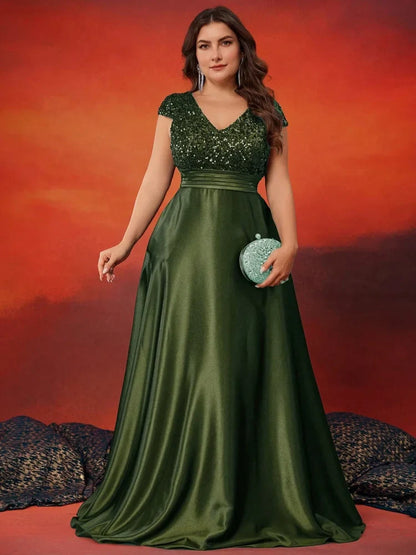 Plus Size Elegant V-Neck Red Sequins Evening Dress Long Luxury Women Satin Sleevesless Party Prom Cocktail Gowns