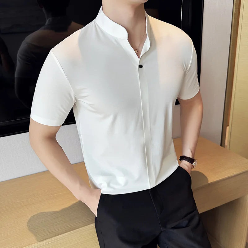 Men's High Elastic V-neck Polo Shirt, Thin Short-sleeve T-shirt, Business Casual Men's Top, 2024 High Quality, M-4XL.
