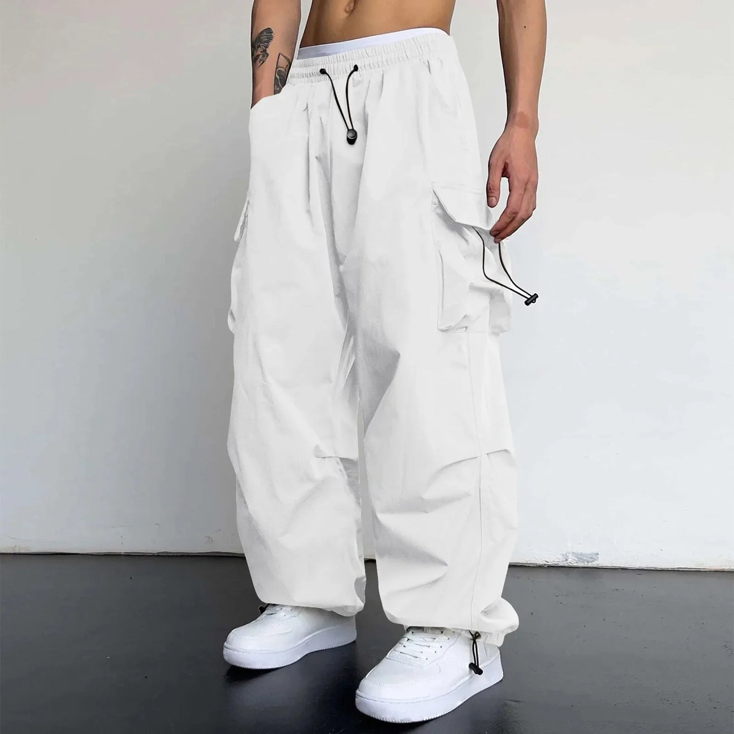 Cool Streetwear Versatile Quicky Drying Wide Leg Low Waist Drawstring Cargo Trousers Fashion Daily Casual Pockets Pants For Male