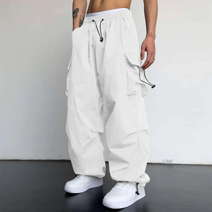 Cool Streetwear Versatile Quicky Drying Wide Leg Low Waist Drawstring Cargo Trousers Fashion Daily Casual Pockets Pants For Male