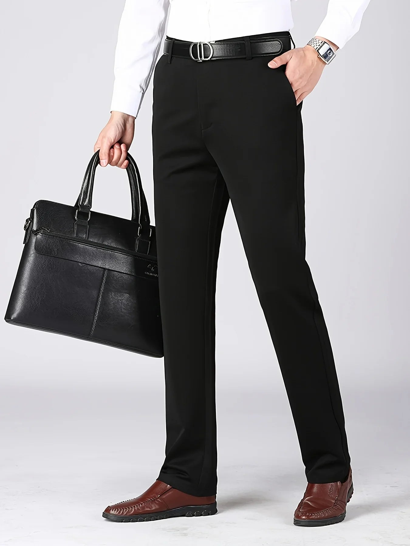 Men's High Elastic Anti-Wrinkle Straight Fit Business Pants | Non-Iron Formal Casual Trousers (1-Pack)