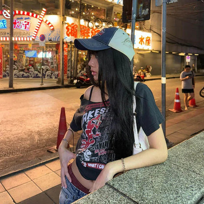 Tee Y2k Letter Print Off Shoulder Punk T-shirts Women Harajuku Summer Streetwear Grunge T Shirt Aesthetic Sexy Crop Tops