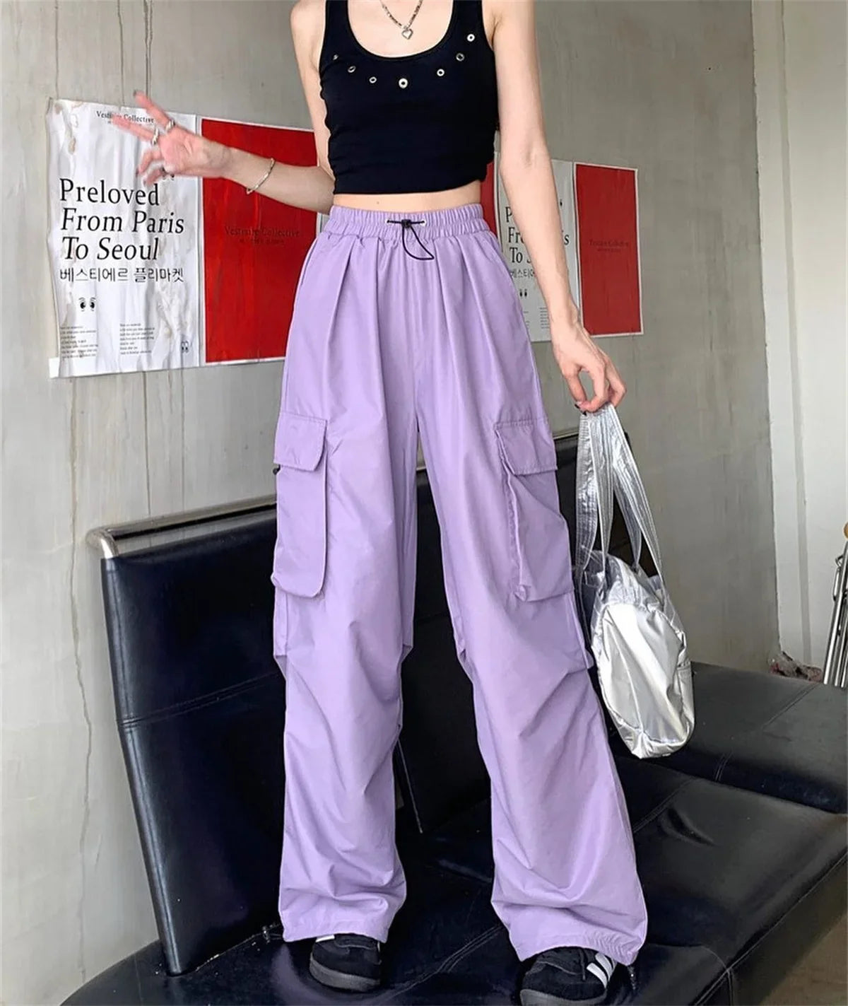 Black Men's Hip Hop Cargo Pants Casual Summer Solid Multiple Pockets Trousers Cool Ribbons Techwear Hip Hop Sweatpants Boys