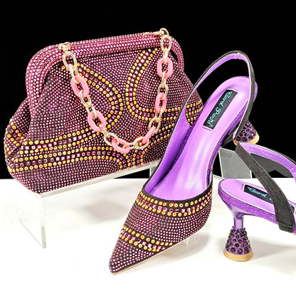 Italian Pumps and Bag To Party 2024 INS Style Pointed-Toe Rhinestone Elegant High Heels Champagne Wedge for Women