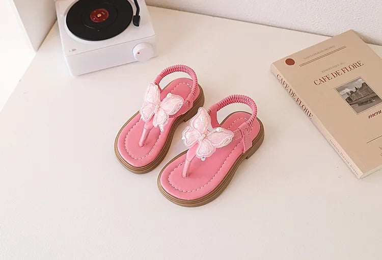 Korean Style Little Girl Sandal Clip-toe Children's Princess Beach Slippers Sweet Lace Butterfly Kids Fashion Flat Sandals New