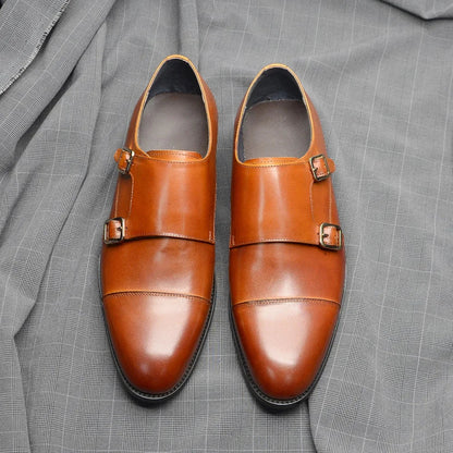 Luxury Men's Wedding Formal Shoes Genuine Leather Pure Brown Black Double Buckle Monk Strap Cap Toe Business Office Dress Shoes