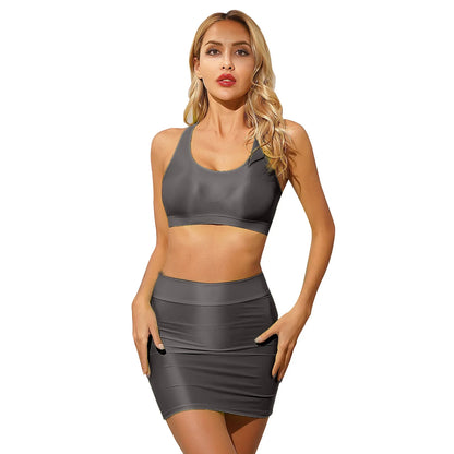 Womens Glossy Lingerie Sleeveless Crop Tank Tops Low Rise Miniskirt with Thigh High Stockings Pool Party Pole Dance Clubwear