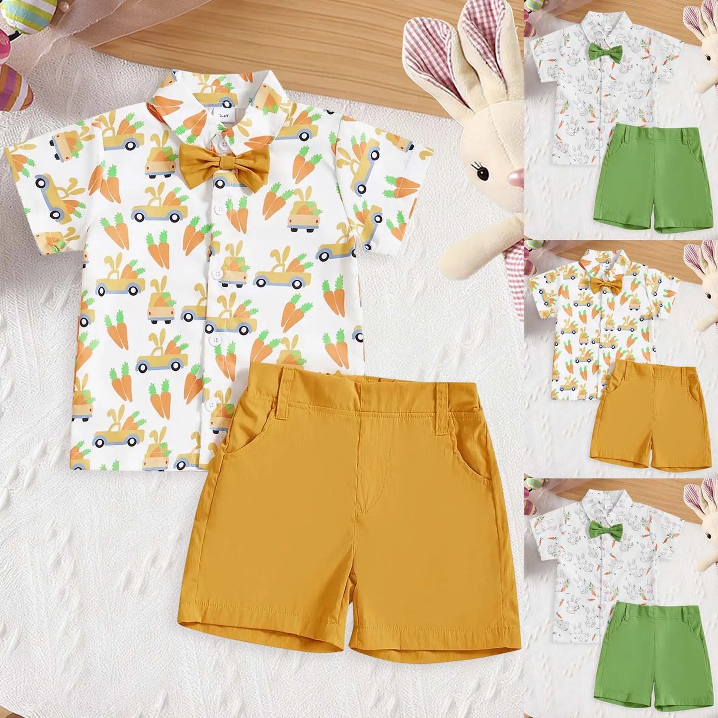 Baby Boy Easter Outfit Short Sleeve Gentleman Button Down Shirts Solid Shorts Toddler Boys Party Bow Two Piece Suit Tracksuit