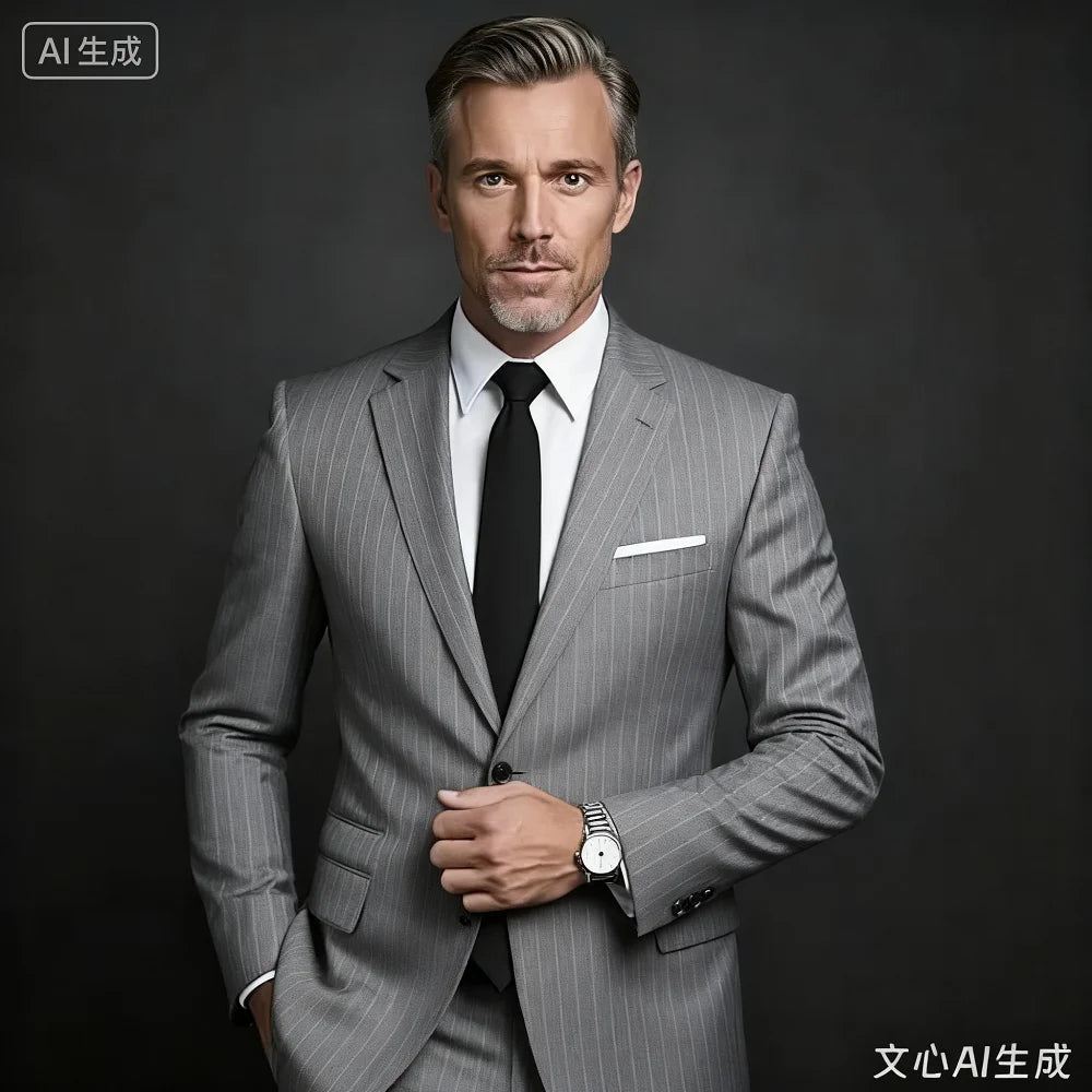 Men's 2-Piece Suit Set Slim Fit Double Breasted Lapel Formal Grey Blue Marine High Quality Jacket And Trousers Ensemble