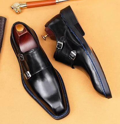 High-end Cowhide Leather Shoes For Men Square Toe Double Monk Strap Shoes Mens Dress Shoes Slip On Business Formal Shoes