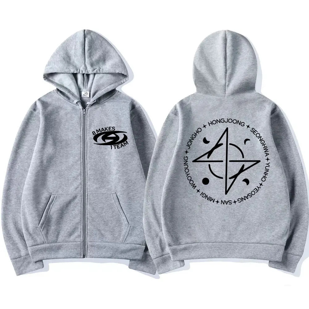 Kpop Ateez 8 Makes 1 Team Zíper Estilo Coreano Y2k Harajuku Moletom com Zíper Masculino Feminino Moda Superdimensionado Jaquetas Quentes Streetwear