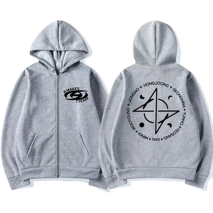 Kpop Ateez 8 Makes 1 Team Zíper Estilo Coreano Y2k Harajuku Moletom com Zíper Masculino Feminino Moda Superdimensionado Jaquetas Quentes Streetwear