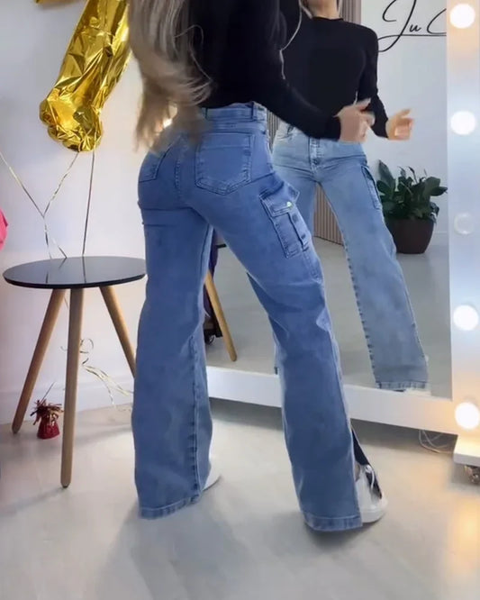 Side split cargo jeans High Quality Elastic Women's Flared Jeans With Waistband Tight Pants Fashion Women Clothing High Street
