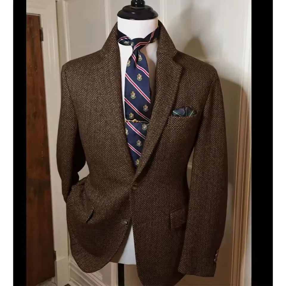 Men's Herringbone Tweed Blazer Vintage British Slim Fit Suit Jacket Wool Blend Formal Coat with Pocket Square Wedding Casual