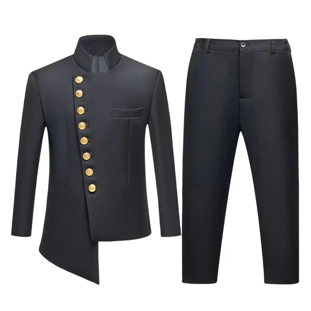 Black 2PCS Boys Formal Suit Set Brand Selection For Kids Aged 3-14 Yrs Elegant Stand Collar Design With Gold Buttons Perfect