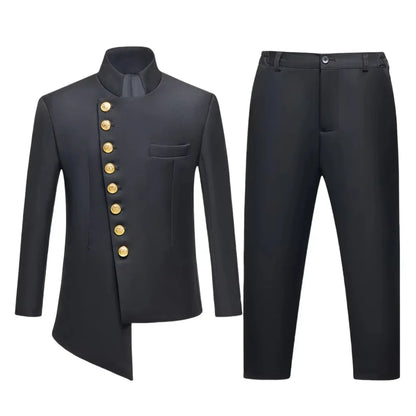 Black 2PCS Boys Formal Suit Set Brand Selection For Kids Aged 3-14 Yrs Elegant Stand Collar Design With Gold Buttons Perfect