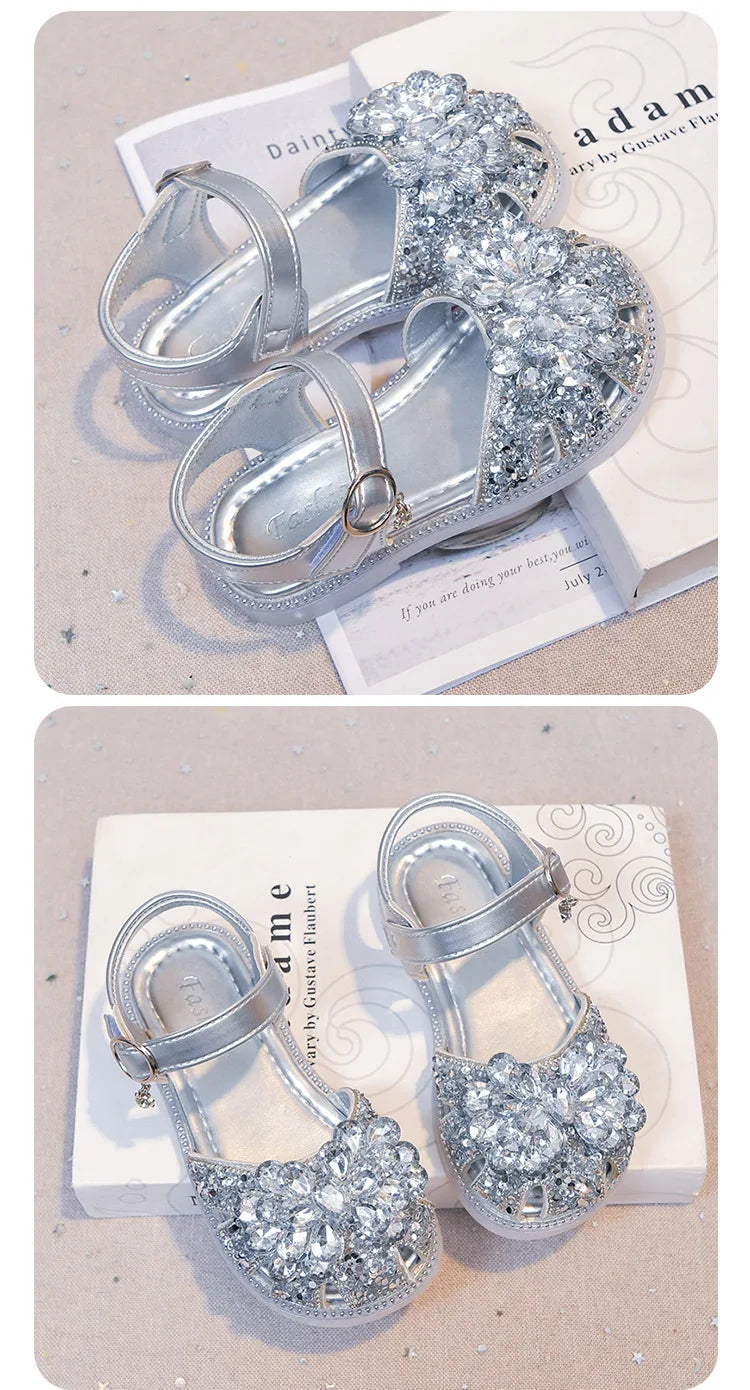 Girls Crystal Slip-On Shoes Soft Bottom Rhinestone Princess Flats Spring Autumn New Style Kids Lightweight Sweet Leather Shoes