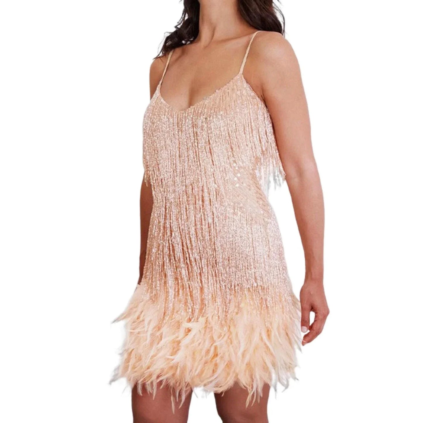 Elegant Dress Stretchy Tassel Sequins Decor Sexy Bodycon Mini Dress Pure Colors Above Knee Summer Dress Club Wear