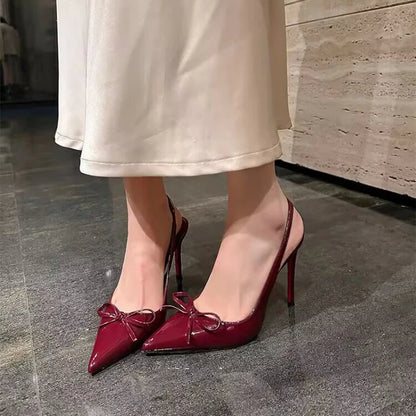 Leather Women's High Heels 2026 Summer New Style Bow-tie Pointed Toe Sandals Sexy Striptease Party High Heels